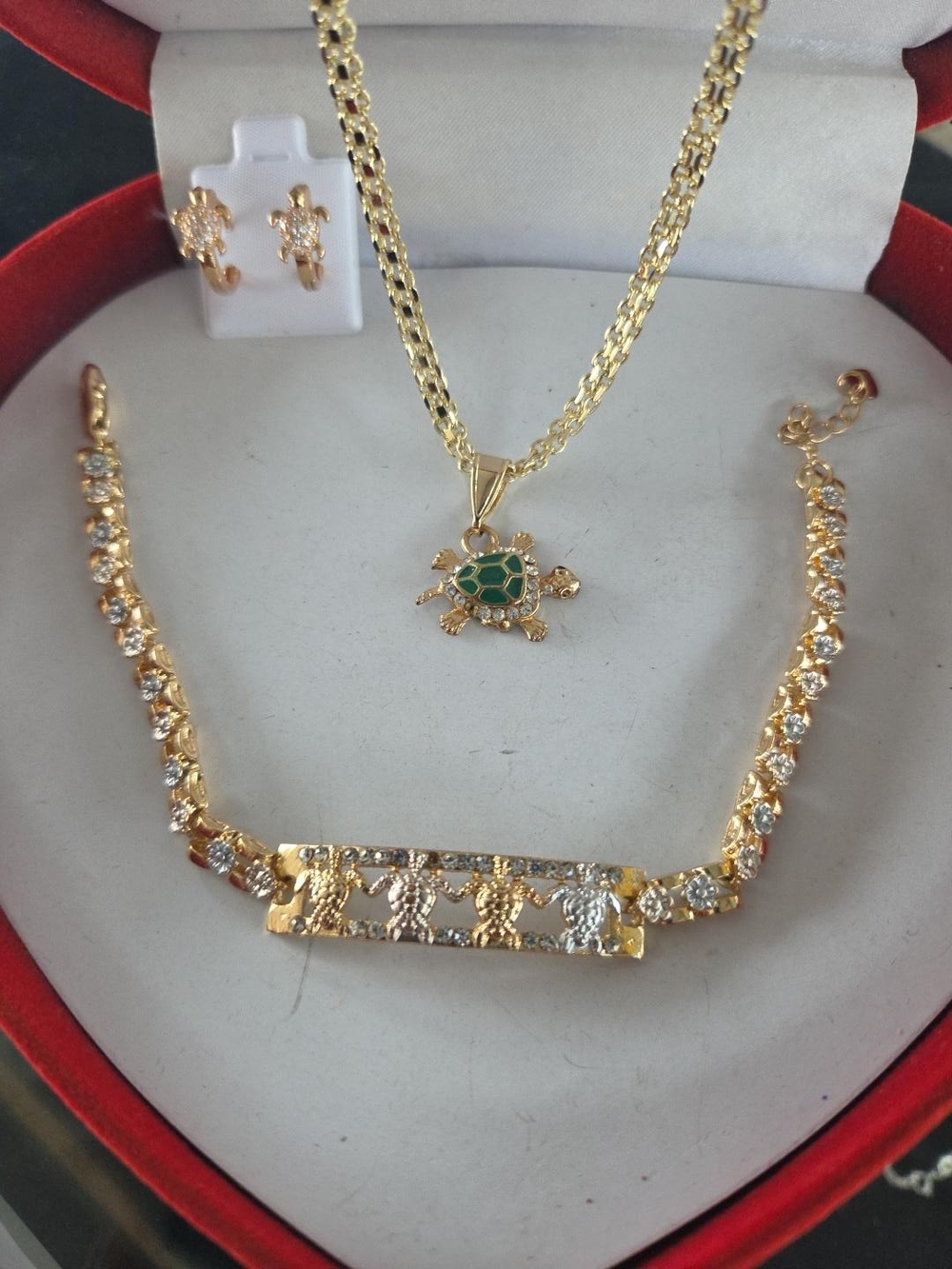 Gold-Tone Turtle Pendant Necklace and Bracelet Set - Green Accent